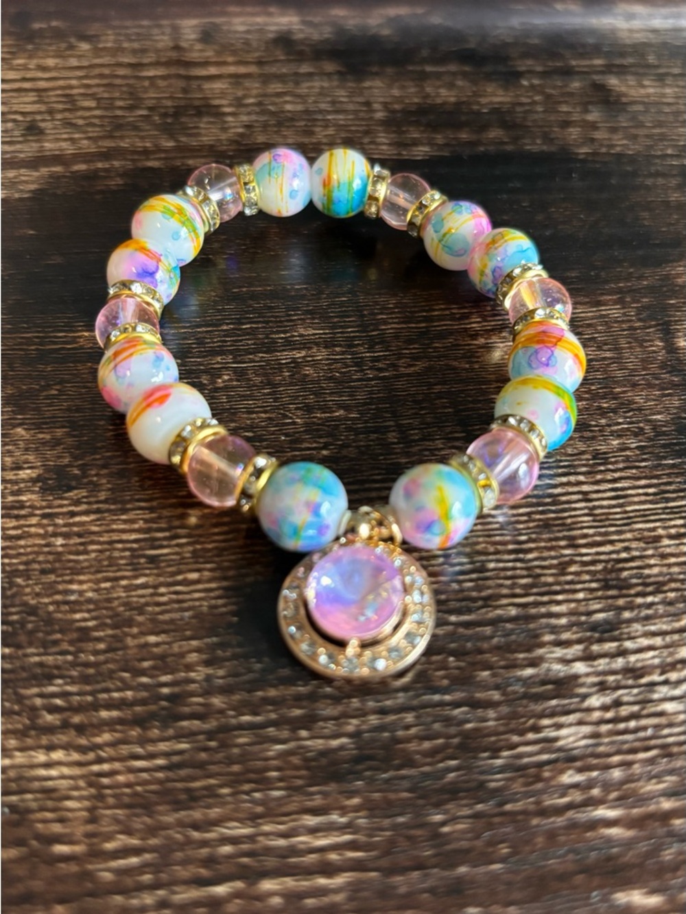 Multicolor‎ Pastel Beaded Stretch Bracelet with Iridescent Charm